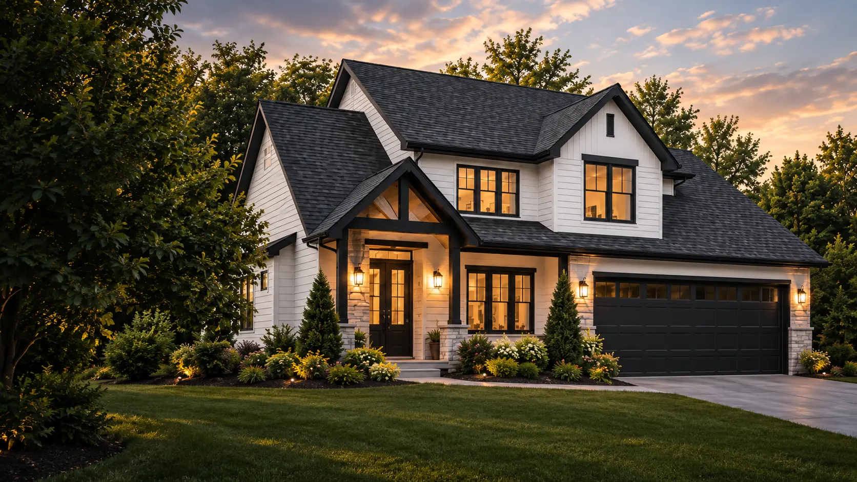 White home with a charcoal architectural shingle roof