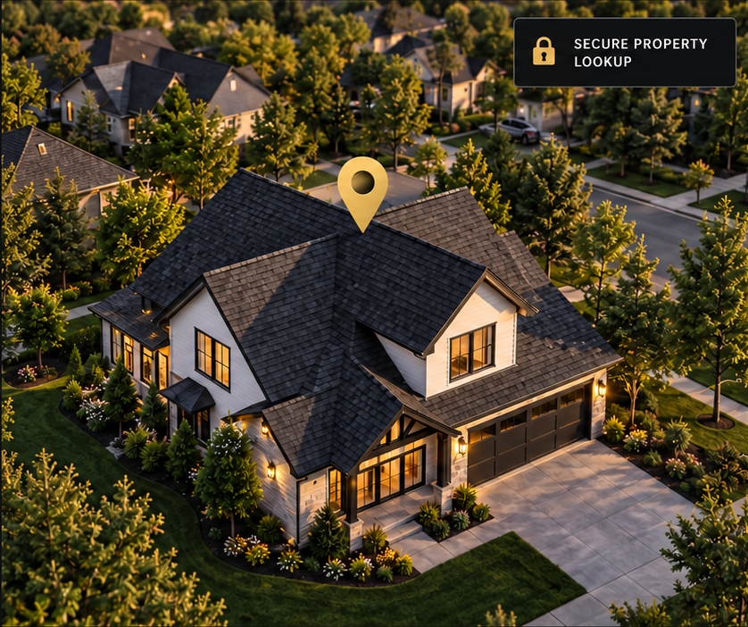 Aerial view of a residential property highlighted for secure roof lookup